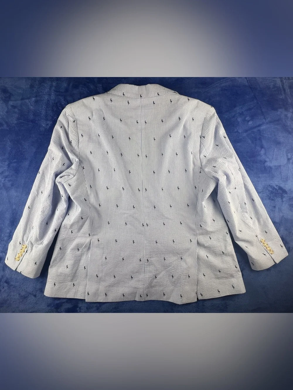 Tailorbyrd Mens Blazer 48R Seersucker Cotton Blue White Embroidered Flamingo